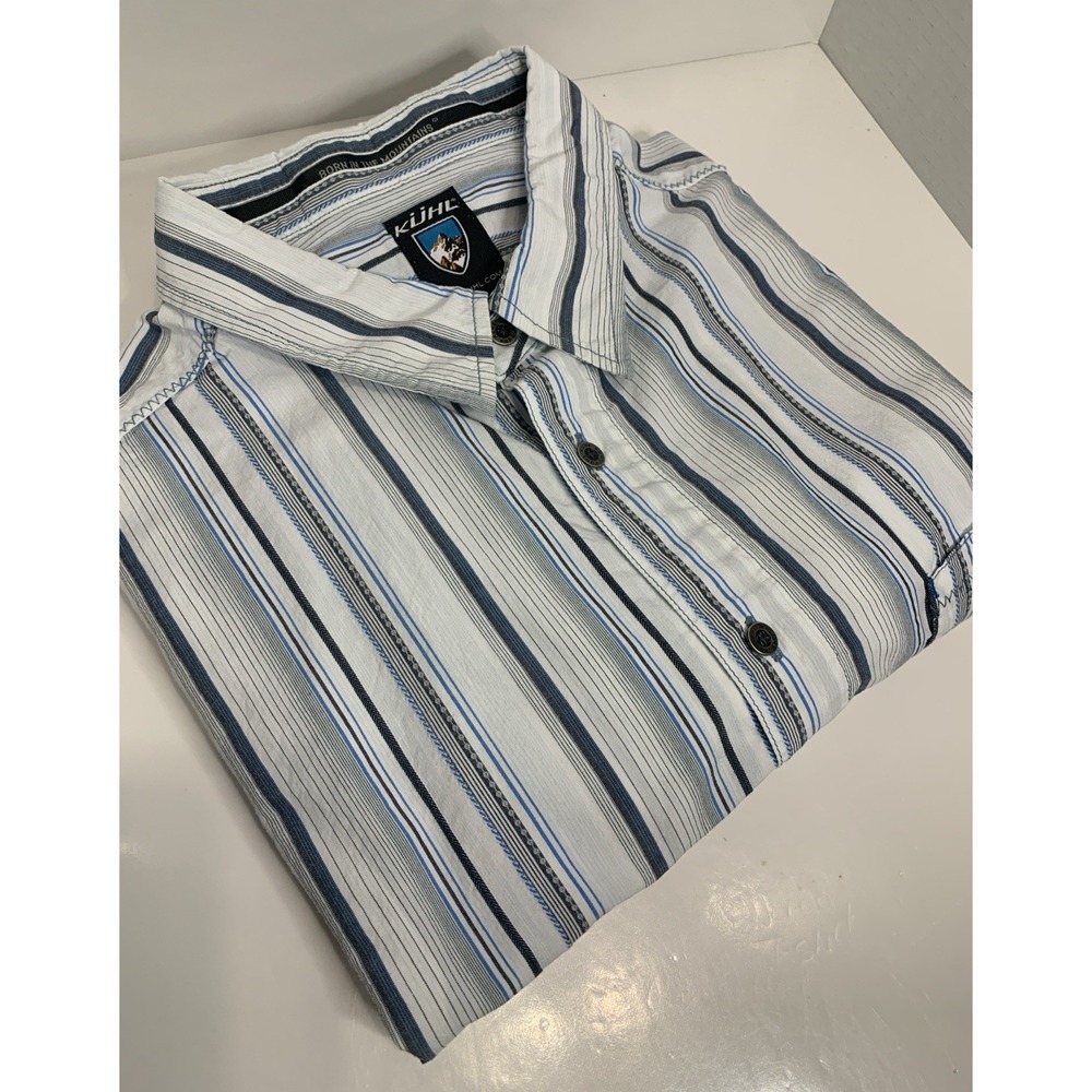 Kuhl Short Sleeve Button-Up Shirt Men's XL White with Blue Stripes Mountain Wear
